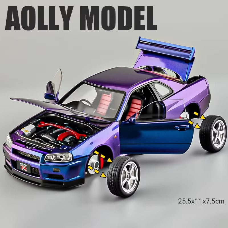 Purple and blue Aolly Model die-cast car with open doors, hood, and trunk, showcasing engine and interior from revnhaus