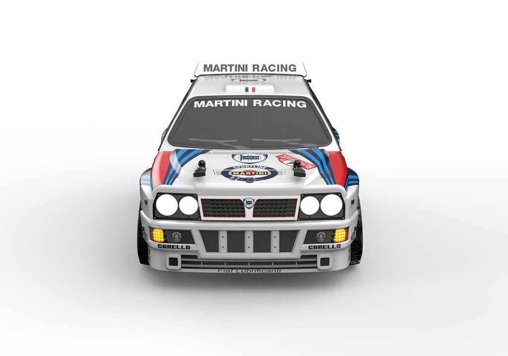 Martini Racing Lancia rally car front view with iconic livery from revnhaus
