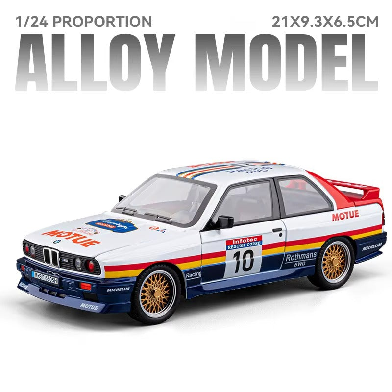 1/24 scale BMW M3 E30 alloy model car with Rothmans livery, die-cast collectible from revnhaus