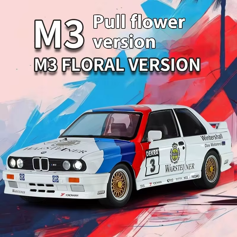 BMW M3 floral livery die-cast model car with Warsteiner decals from revnhaus