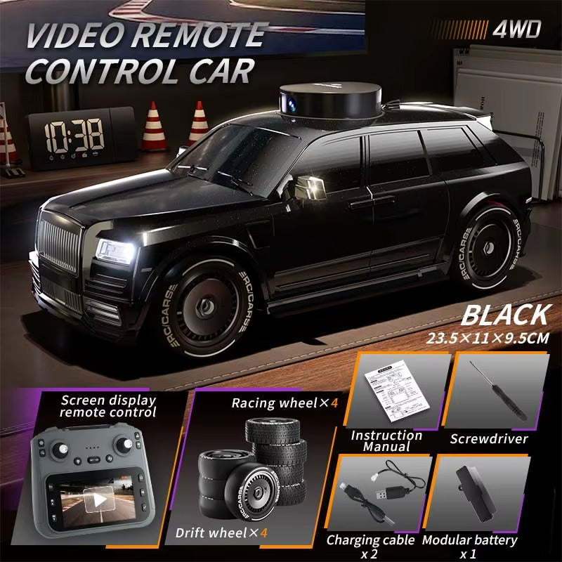 Black 4WD video remote control car with screen display remote, drift wheels, and modular battery from revnhaus