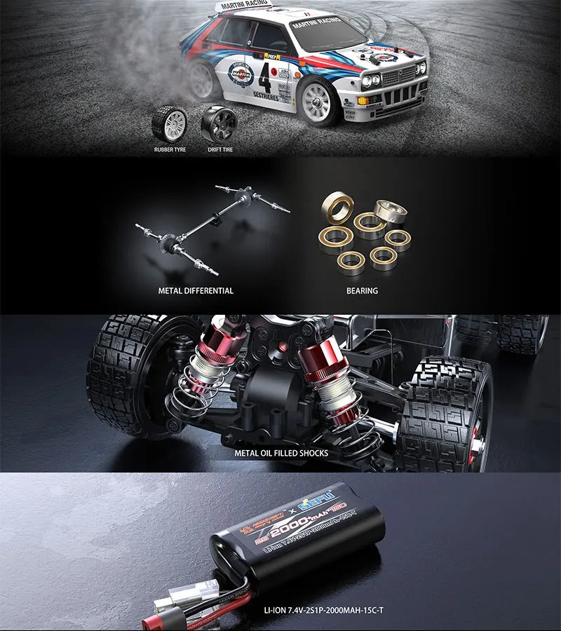 RC drift car with Martini Racing livery, metal differential, bearings, oil shocks, and Li-ion battery from revnhaus