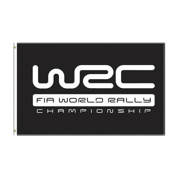 WRC FIA World Rally Championship flag with bold white logo on black background from revnhaus