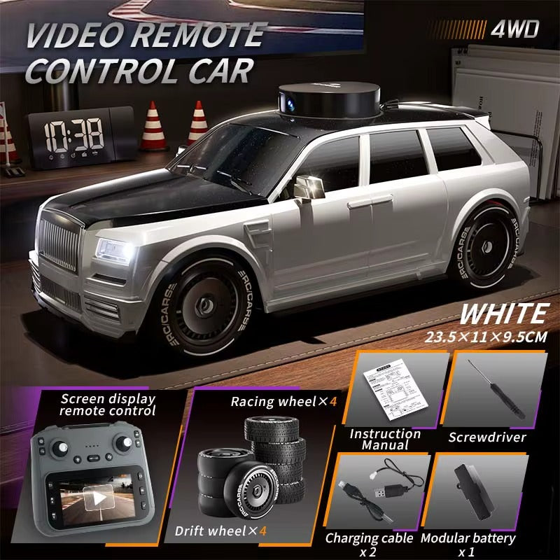 White 4WD video remote control car with screen display remote, drift wheels, and modular battery from revnhaus