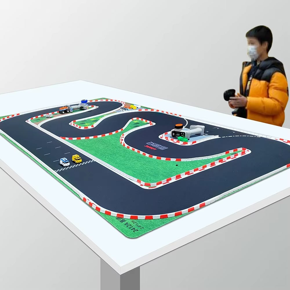 RC drift car track mat with miniature cars and pit stop, from revnhaus