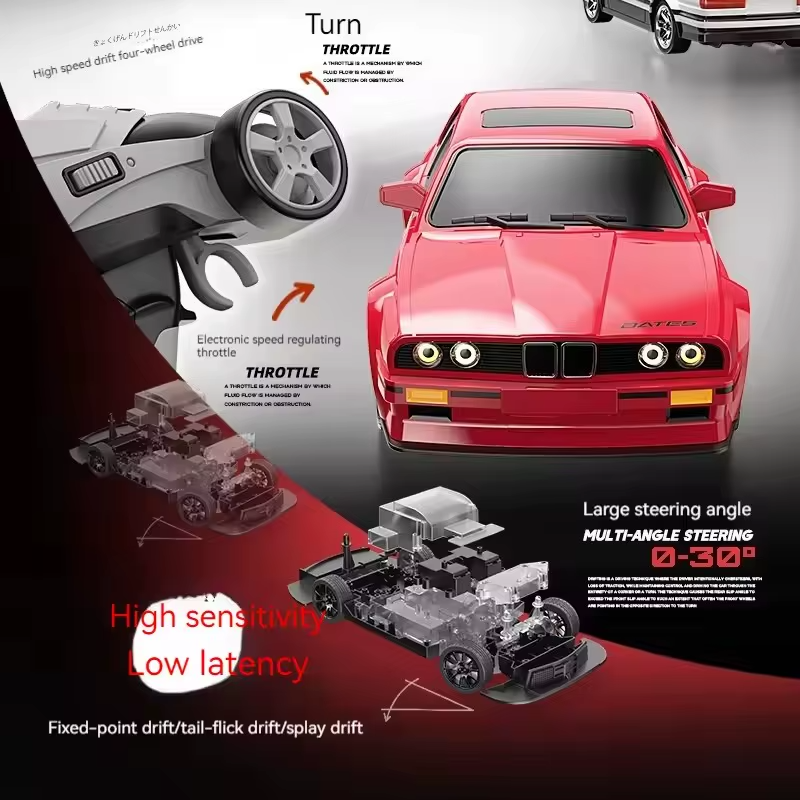 Red RC drift car with multi-angle steering and electronic throttle control from revnhaus