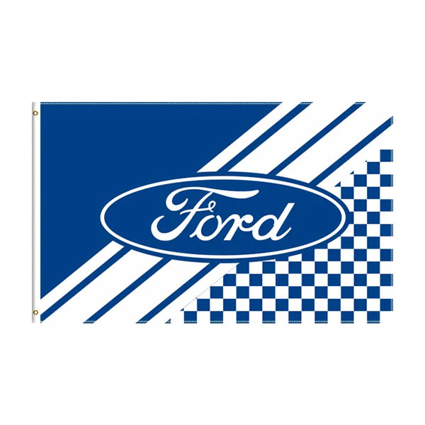 Ford logo flag with blue and white checkered racing design from revnhaus
