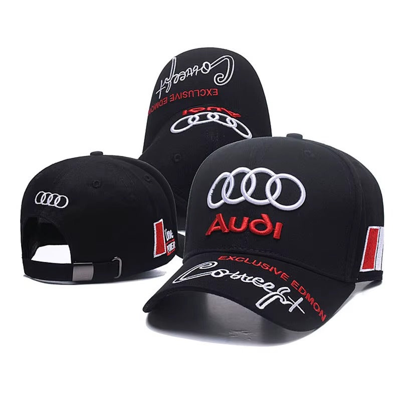 Black Audi motorsport cap with embroidered logo and Powerfit text, exclusive edition from revnhaus