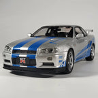 Silver and blue Nissan GT-R die-cast model car with racing decals from revnhaus