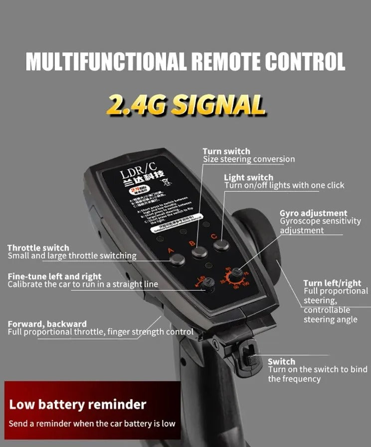 Multifunctional 2.4G RC car remote control with throttle, steering, and gyro adjustment from revnhaus
