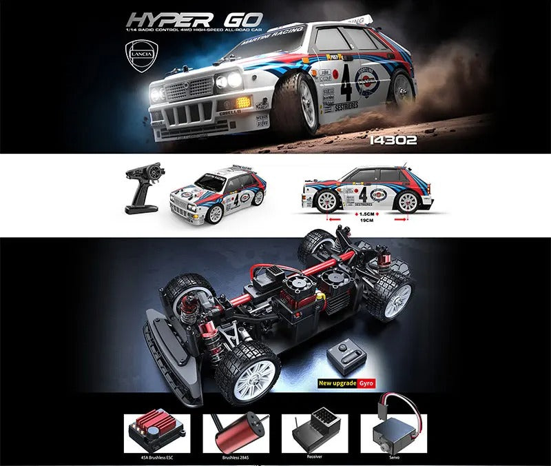 1/16 scale RC drift car with Martini Racing livery, brushless motor, and gyro upgrade from revnhaus