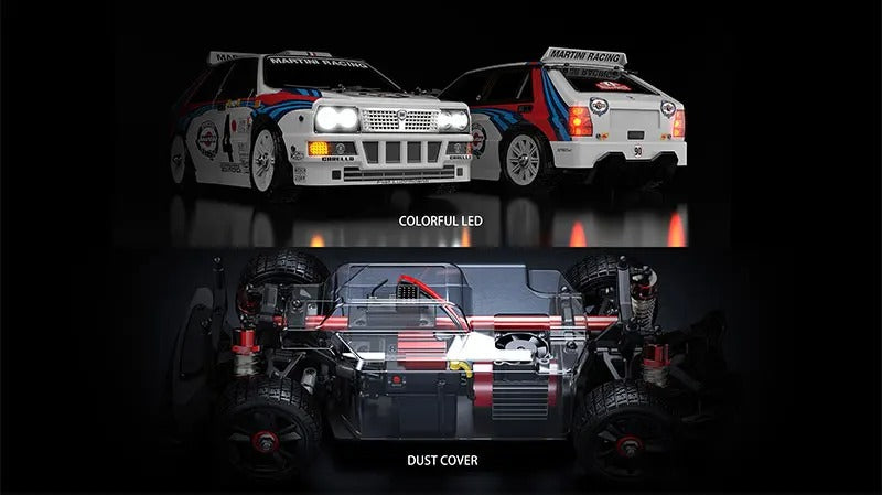 RC drift car with Martini Racing livery, colorful LED lights, and dust cover from revnhaus