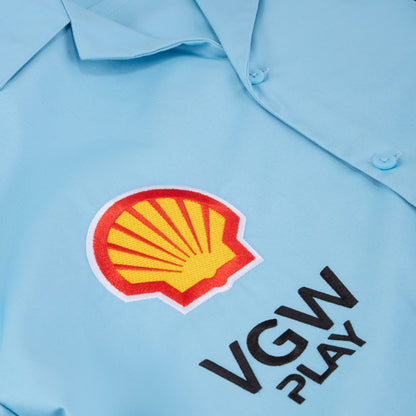 Light blue motorsport shirt with Shell logo and VGW Play text from revnhaus