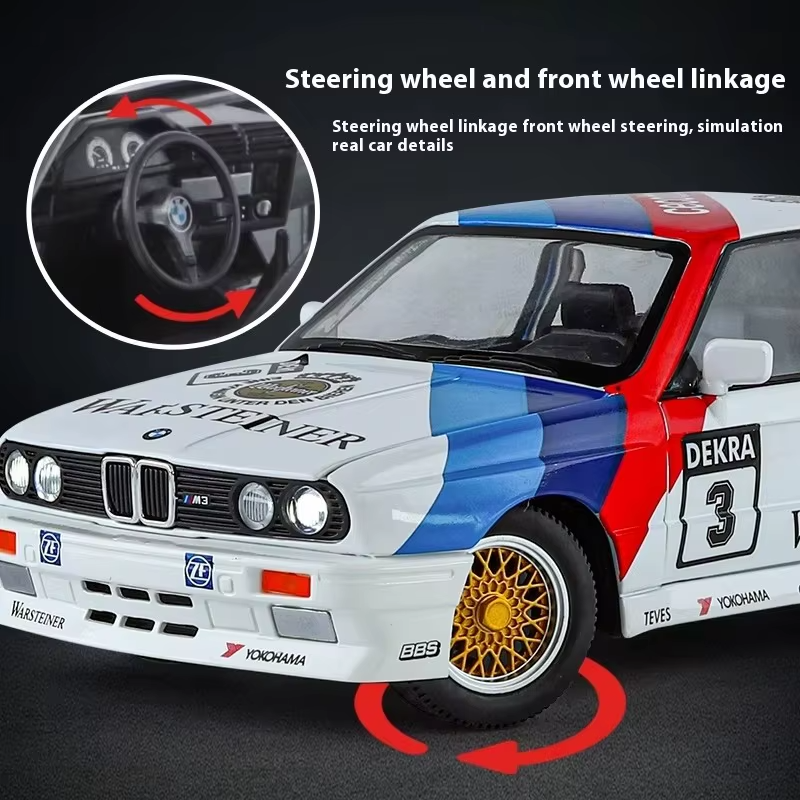 BMW M3 E30 die-cast model with functional steering and front wheel linkage, Warsteiner livery from revnhaus