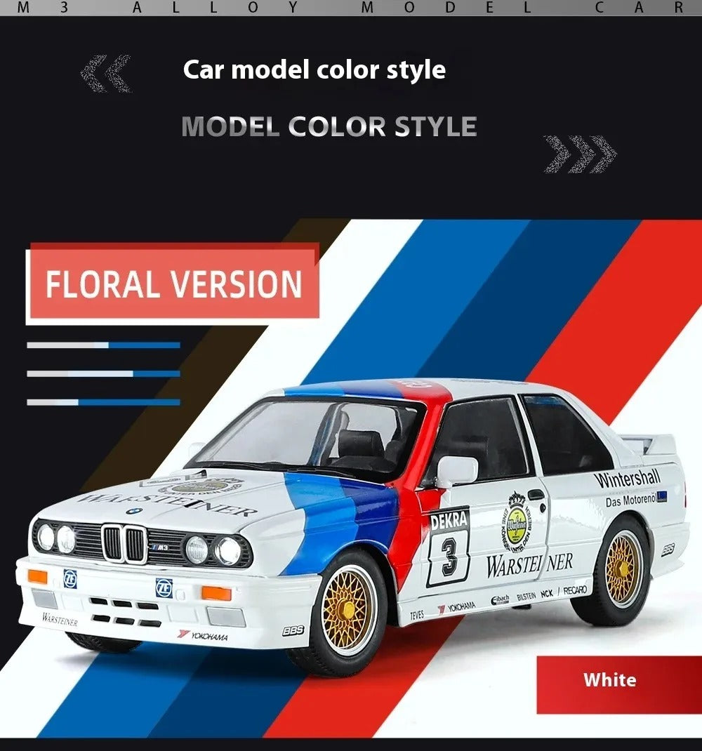 BMW M3 E30 die-cast model car in floral livery with Warsteiner decals, white base from revnhaus
