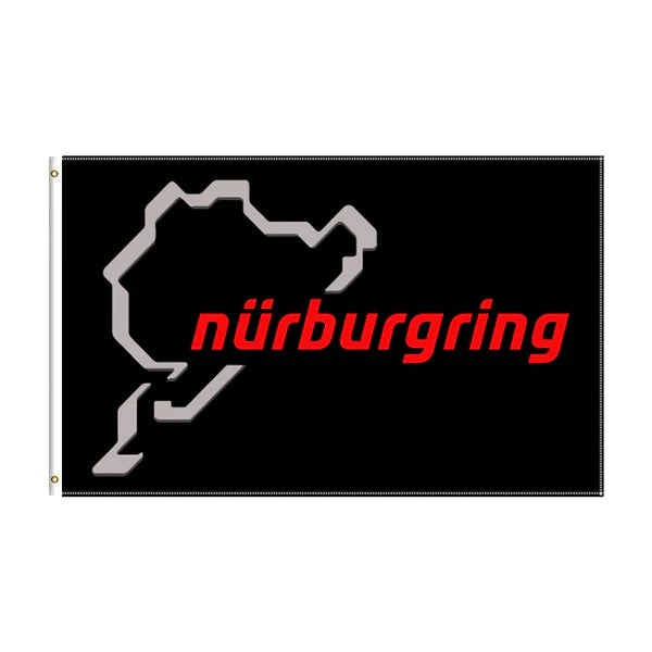 Nürburgring race track outline flag in red and gray on black background from revnhaus