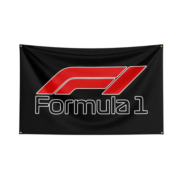 Formula 1 F1 logo wall banner with red and white design on black background from revnhaus