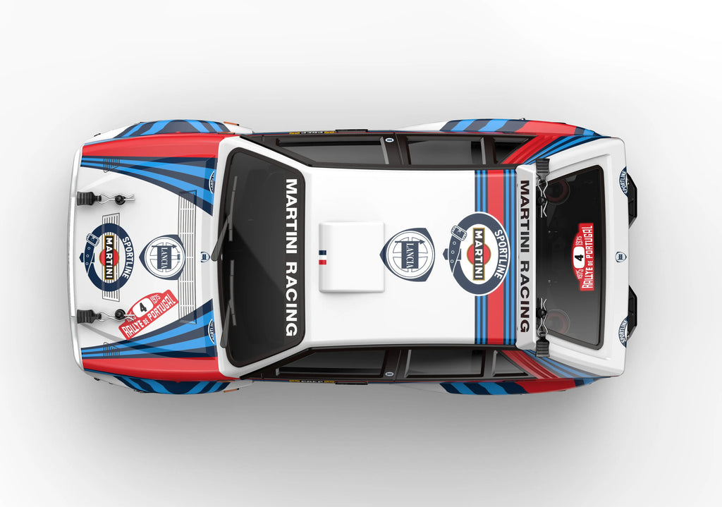 Martini Racing Lancia rally car top view, 1975 Rallye de Portugal livery, die-cast collectible from revnhaus