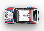 Martini Racing Lancia rally car top view, 1975 Rallye de Portugal livery, die-cast collectible from revnhaus