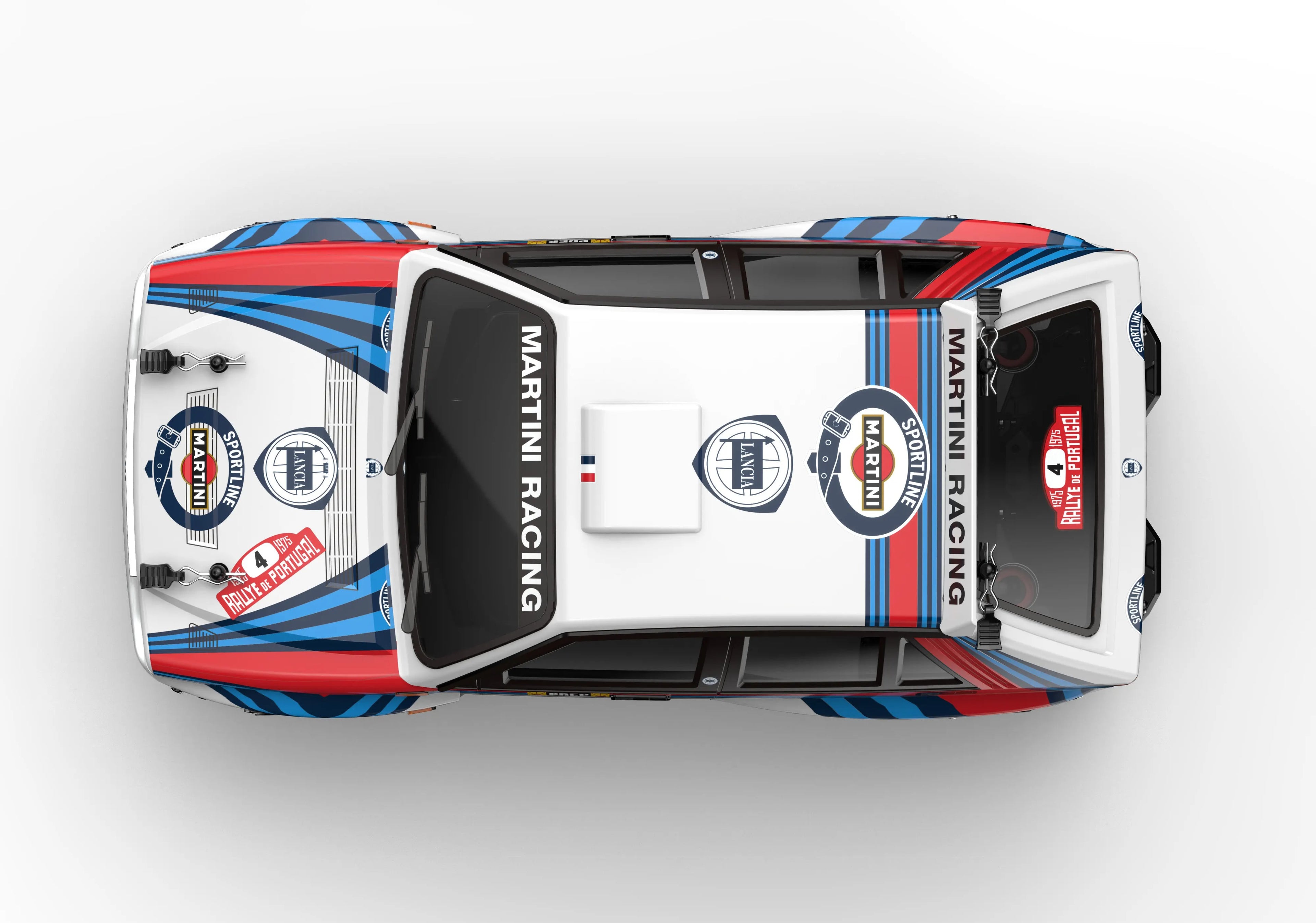 Martini Racing Lancia rally car top view, 1975 Rallye de Portugal livery, die-cast collectible from revnhaus