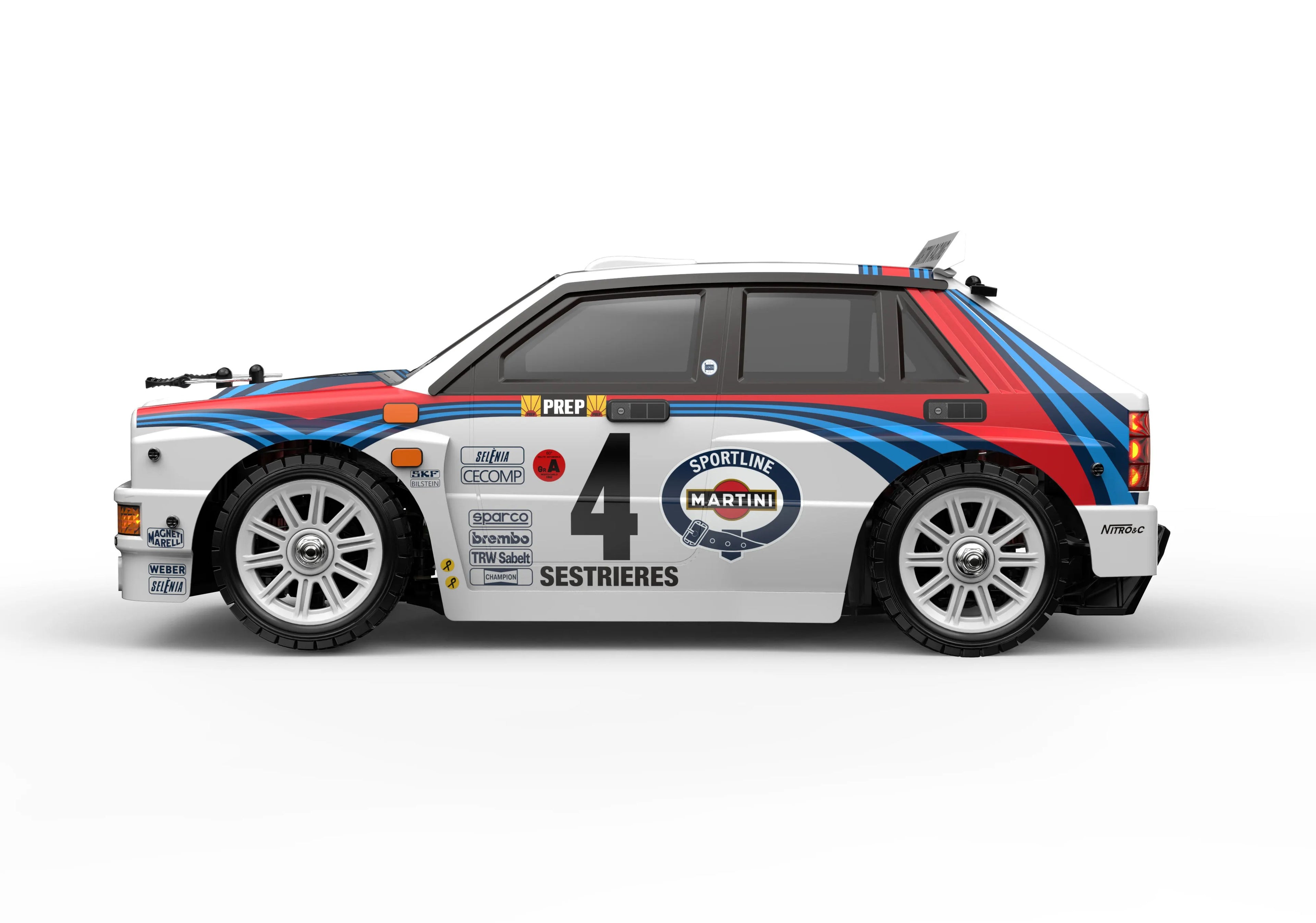 Martini Rally RC drift car with #4 livery, sportline decals, and sponsor logos from revnhaus
