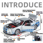 Silver RC drift car with blue stripes, open hood, working lights, and removable tires from revnhaus