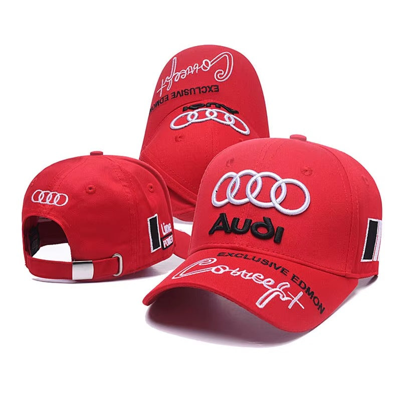 Red Audi Corvette+ motorsport cap with embroidered logo and exclusive Edmon text from revnhaus