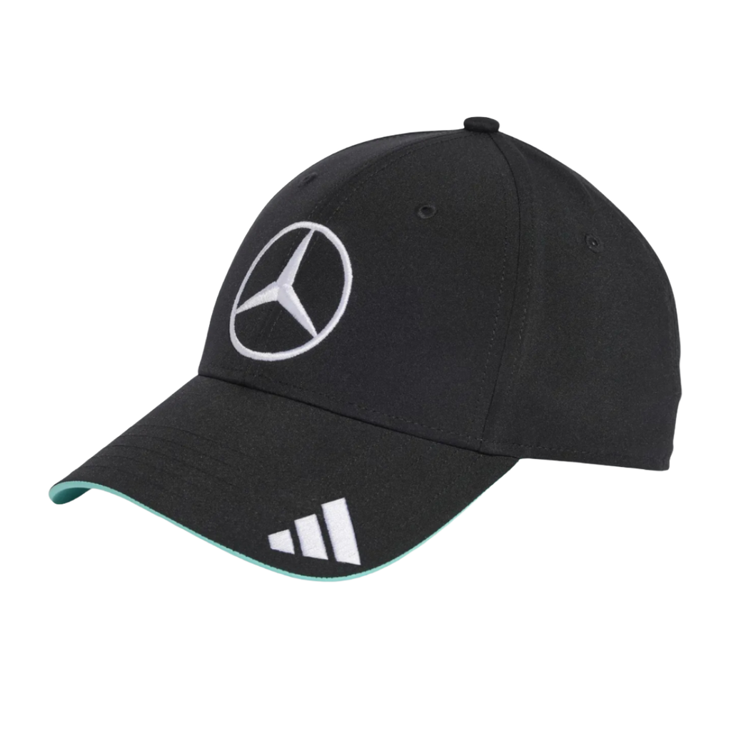 Black Mercedes-Benz F1 cap with white logo and teal trim, Adidas branding, from revnhaus