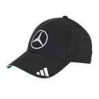 Black Mercedes-Benz F1 cap with white logo and teal trim, Adidas branding, from revnhaus