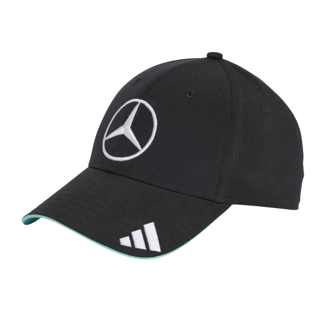 Black Mercedes-Benz F1 cap with white logo and teal trim, Adidas branding, from revnhaus