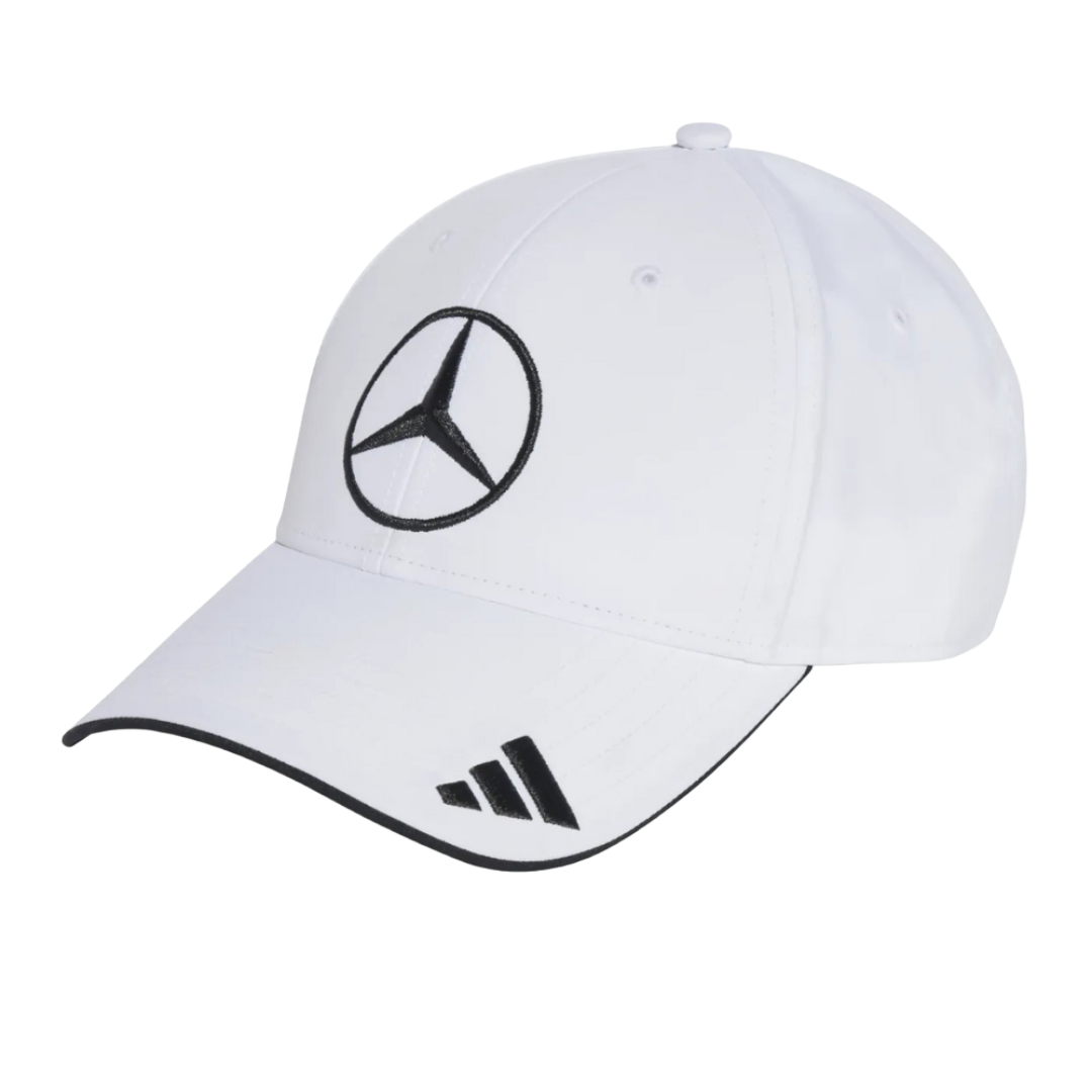 White Mercedes-Benz cap with black logo and Adidas stripes from revnhaus
