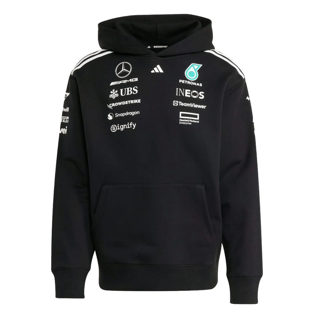 Black Mercedes-AMG Petronas F1 Team hoodie with sponsor logos, motorsport apparel from revnhaus