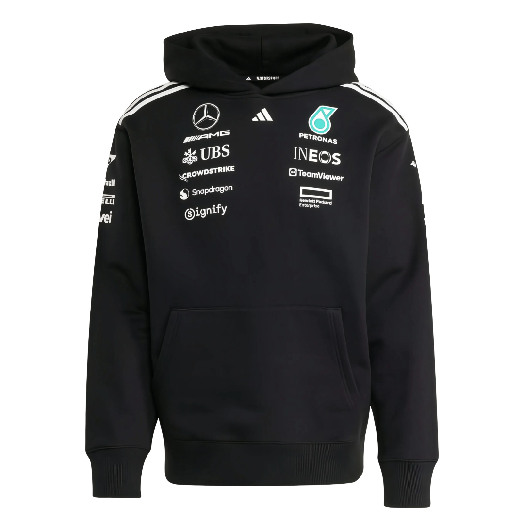 Black Mercedes-AMG Petronas F1 Team hoodie with sponsor logos, motorsport apparel from revnhaus
