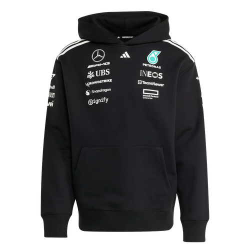 Black Mercedes-AMG Petronas F1 Team hoodie with sponsor logos, motorsport apparel from revnhaus