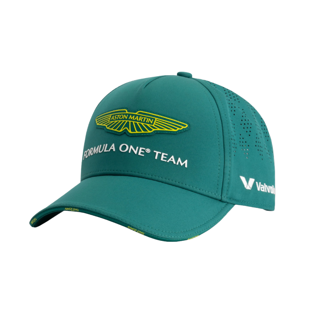 Aston Martin F1 Team green cap with yellow logo and Valvoline branding from revnhaus