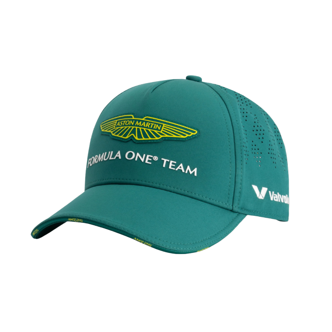 Aston Martin F1 Team green cap with yellow logo and Valvoline branding from revnhaus