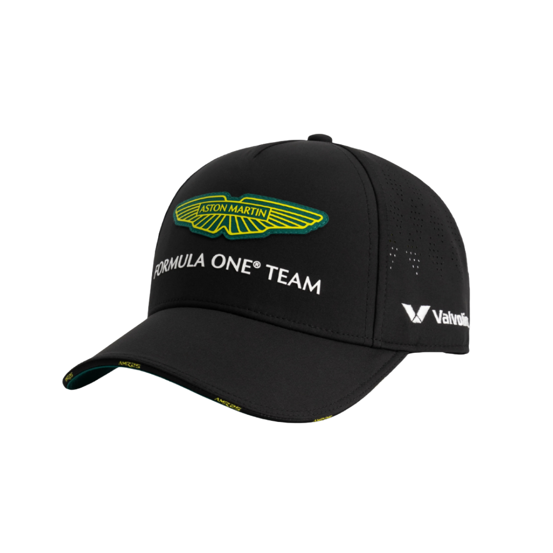Aston Martin F1 Team black cap with green and yellow logo, Valvoline sponsor, from revnhaus