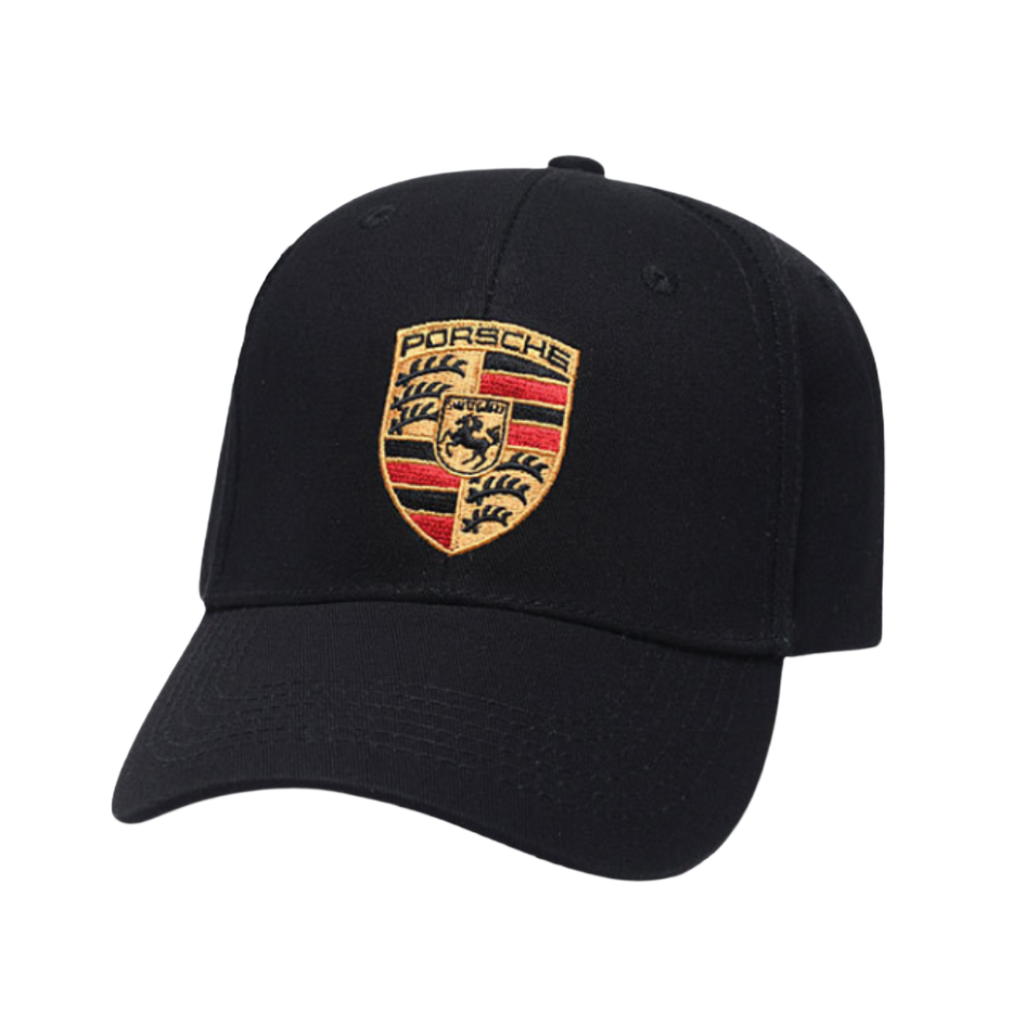 Black Porsche crest embroidered baseball cap from revnhaus