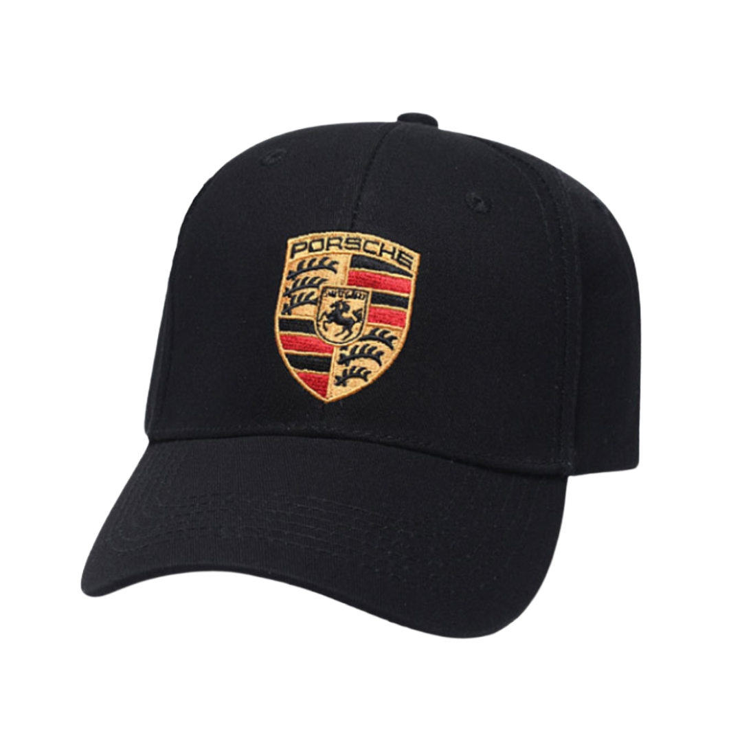 Black Porsche crest embroidered baseball cap from revnhaus