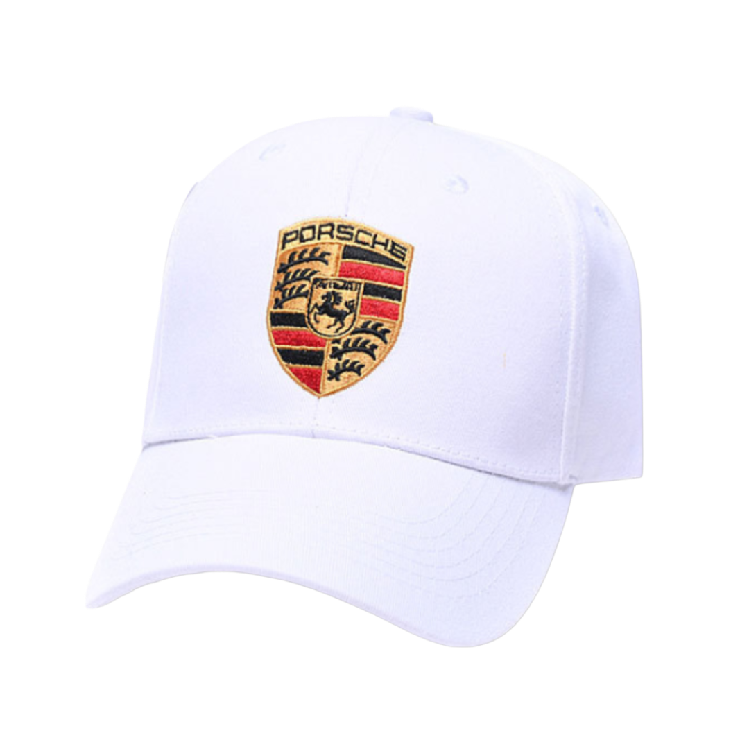 White Porsche logo cap with embroidered crest, motorsport apparel from revnhaus