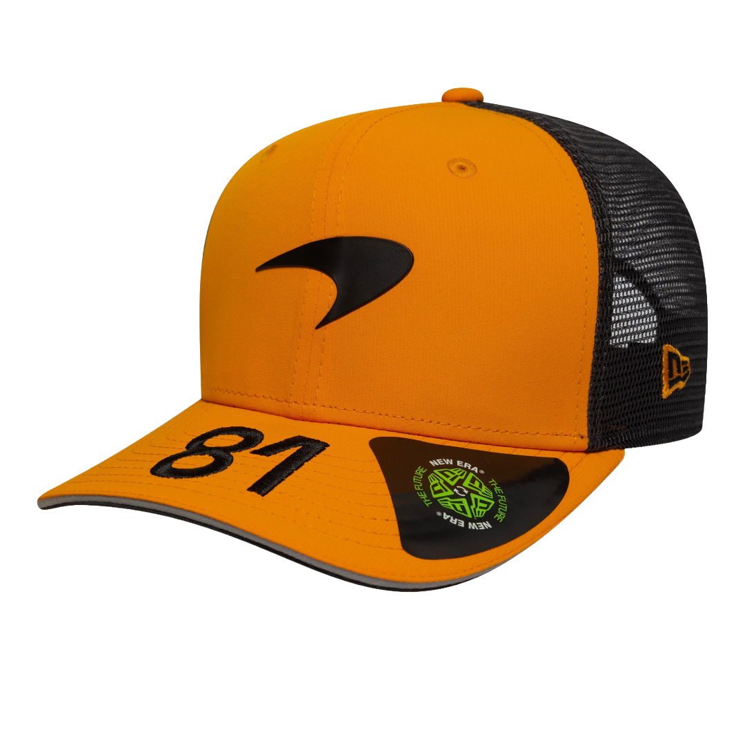 Orange and black trucker hat with #81, New Era logo, and racing design from revnhaus