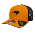 Orange and black New Era 9FIFTY trucker hat with sleek logo, adjustable fit, from revnhaus