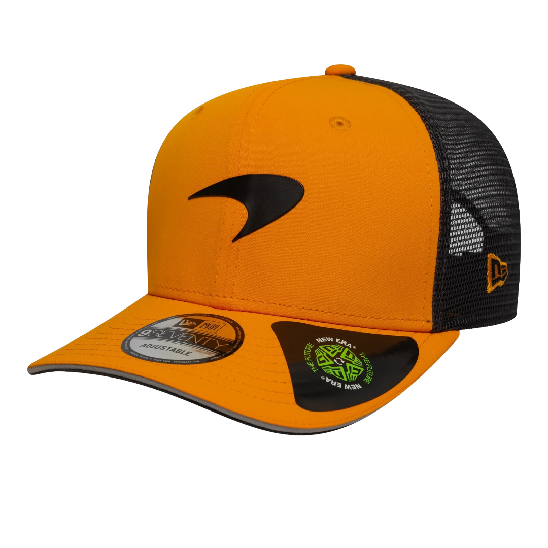 Orange and black New Era 9FIFTY trucker hat with sleek logo, adjustable fit, from revnhaus