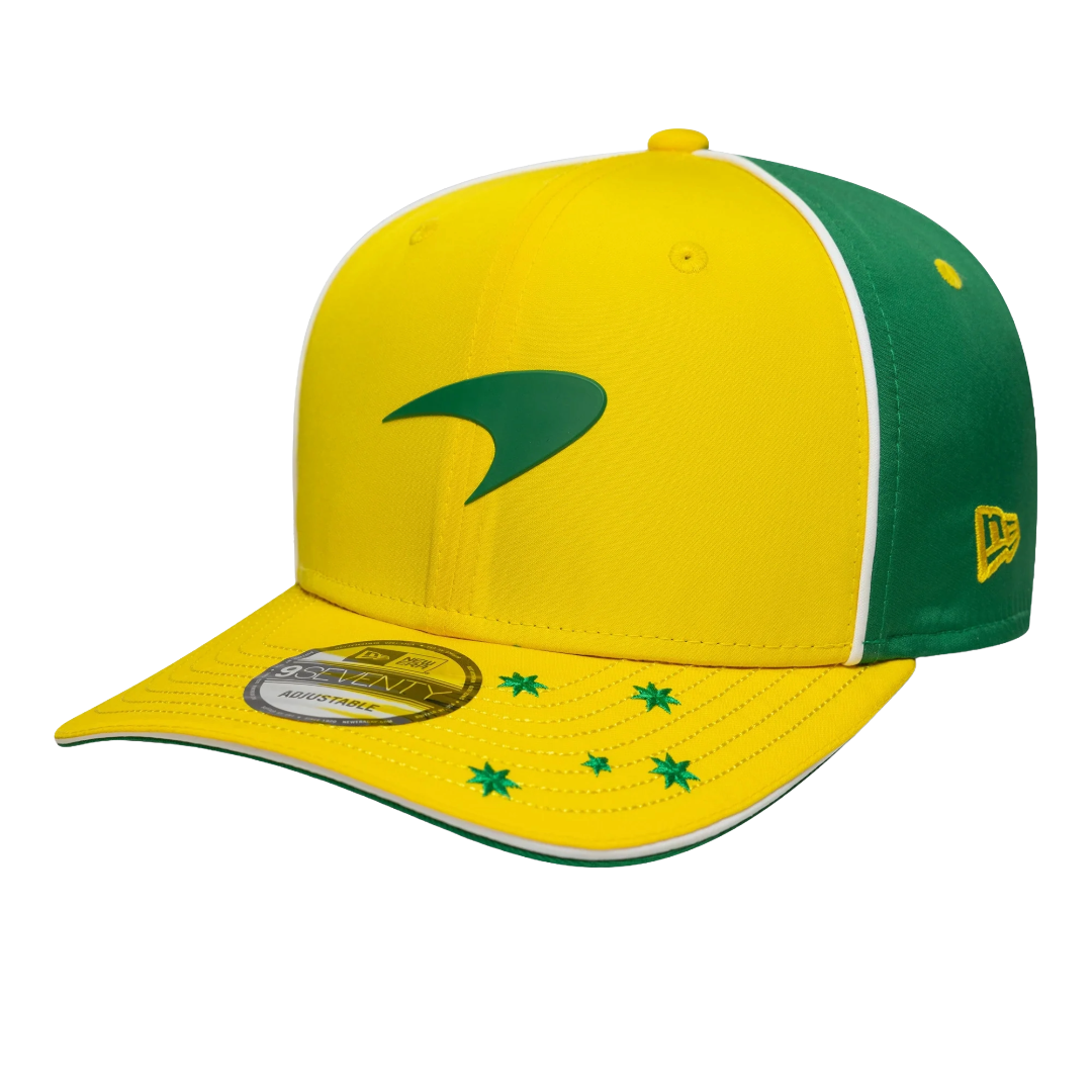 Yellow and green motorsport cap with star details and New Era logo from revnhaus