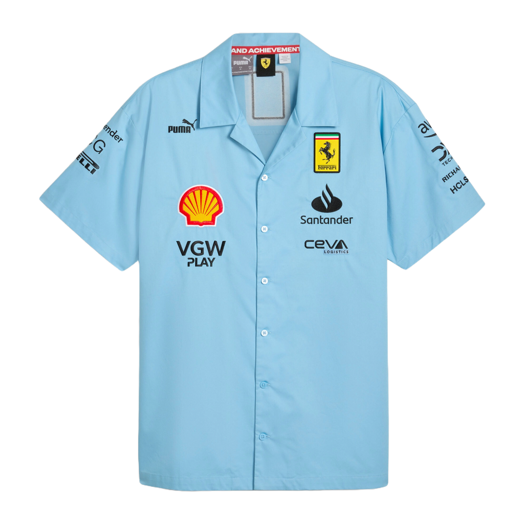 Light blue Ferrari F1 team shirt with Shell, Santander, Puma logos from revnhaus