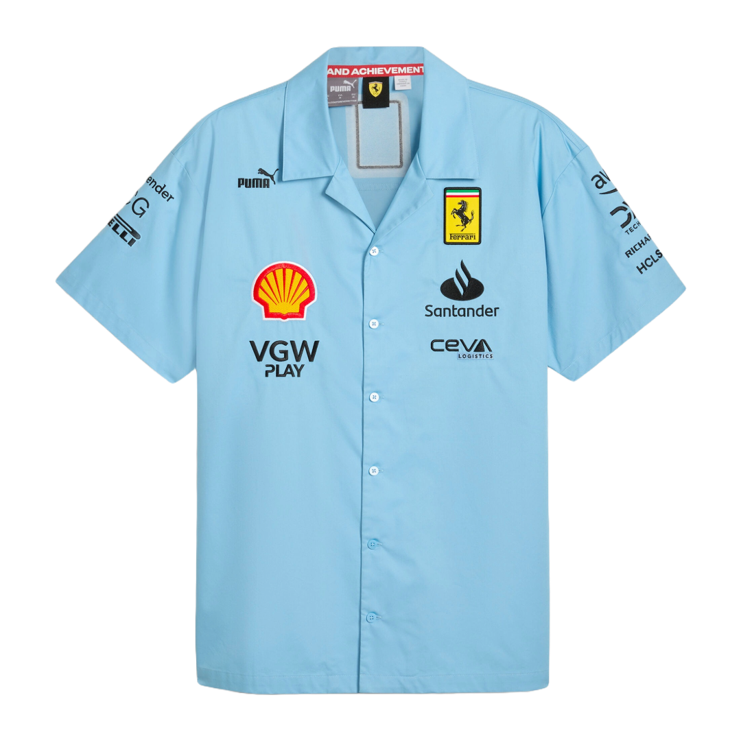 Light blue Ferrari F1 team shirt with Shell, Santander, Puma logos from revnhaus