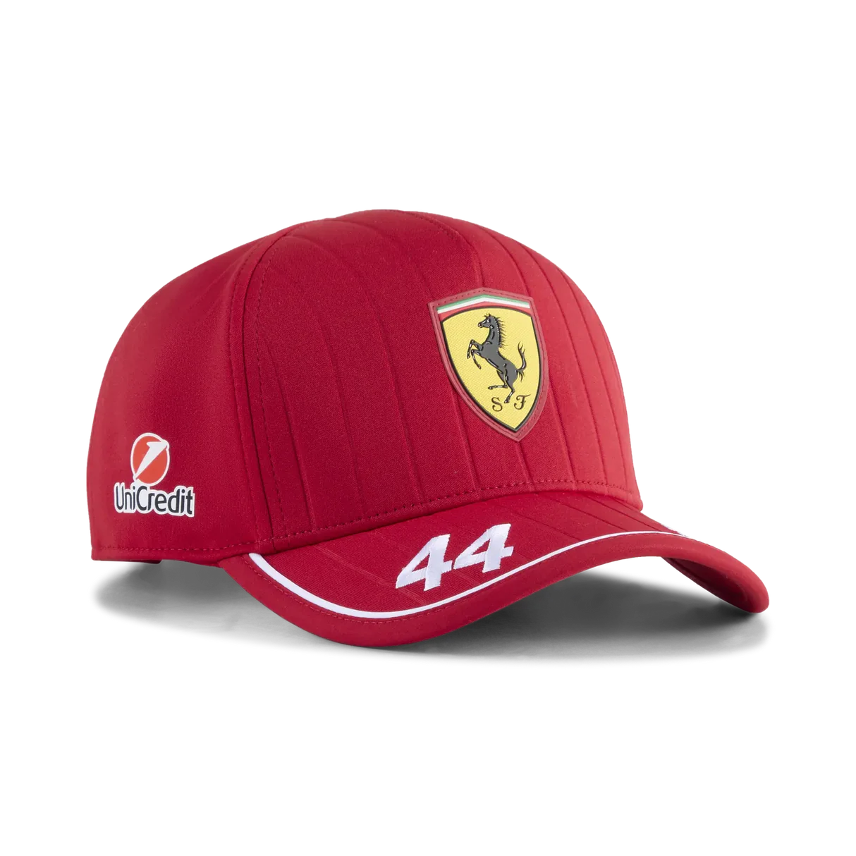 Red Ferrari racing cap with #44 and UniCredit logo, Scuderia Ferrari shield, from revnhaus