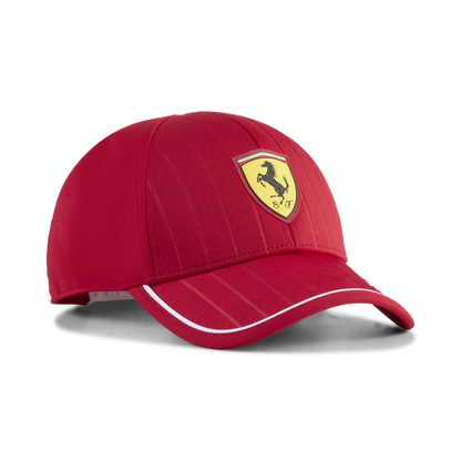 Red Ferrari racing cap with prancing horse logo, motorsport apparel from revnhaus