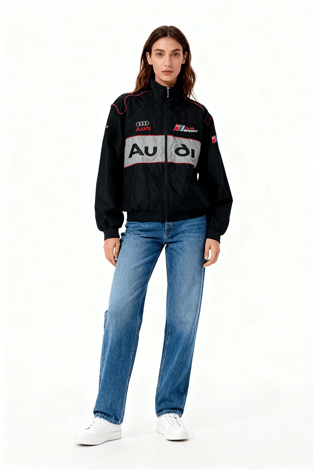 Black Audi Sport racing jacket with gray stripe, worn with jeans and white sneakers from revnhaus