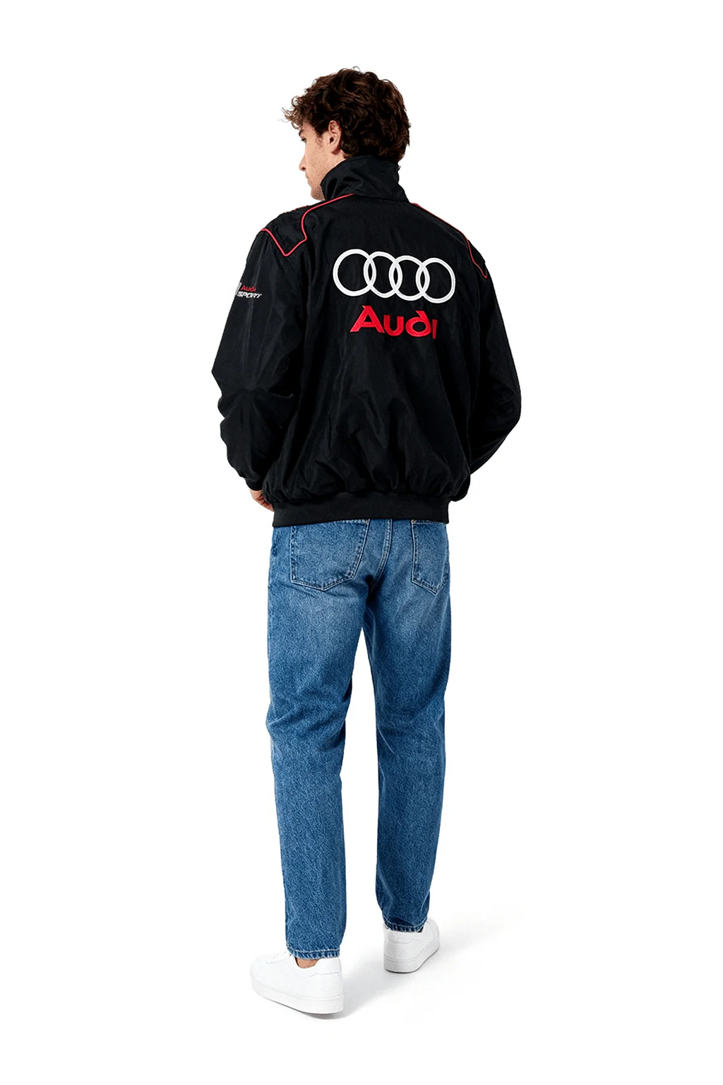 Black Audi Sport racing jacket with red trim and logo, worn with jeans from revnhaus